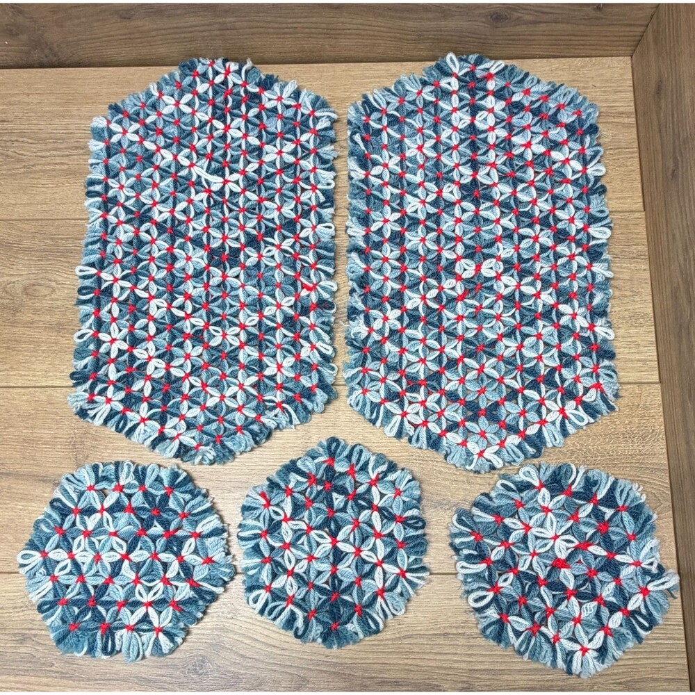 Vintage Hand Crocheted Placemats & Pot Holders Red, White & Blue - Lot of 5 Pcs